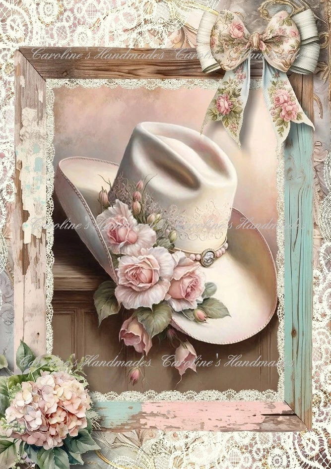 Shabby Chic Cow Girl Hat Roses & Lace Cotton Fabric Quilt Block Multi-size - Image 1 of 1