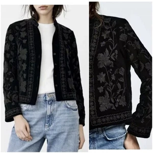 ZARA Woman Boho Embroidered Black Velvet Jacket hippy boho ethnic M L - Picture 1 of 14