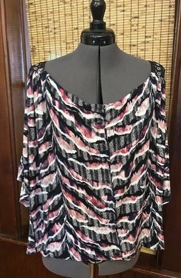 Jennifer Lopez Cold Shoulder Dolman Sleeve Blouse Black/White/Pink Artsy Size 2X - Image 1 of 3
