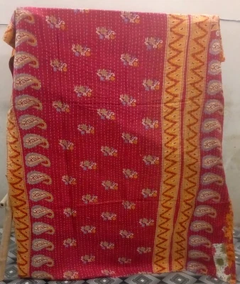 Indian Handmade Quilt Vintage Twin Kantha Bedspread-Throw-Cotton Blanket Gudari - Image 1 of 2