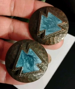 Orecchini Vintage Southwest Geometrici Smalto Turchese Intarsiato Girocollo 1,25" Clip Rotondo! - Foto 1 di 9