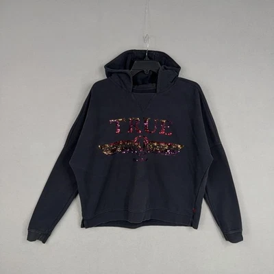 Sudadera con Capucha True Religion Para Mujer Pequeña Negra Lentejuelas Logo Gráfico Pullover Sudadera Foto 1 de 4