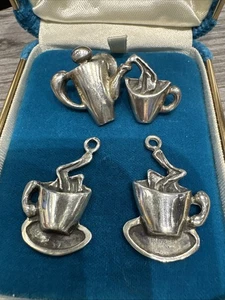 Vintage Sterling Coffee/Tea Pot And Steaming Cups Charms And Pin 21.1 g Barista  - Picture 1 of 5