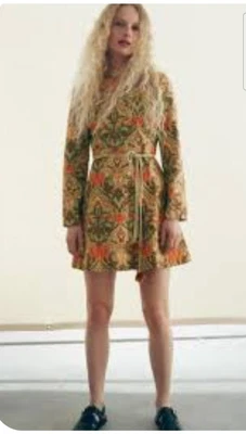 Zara Womens Linen Mini Printed Floral Pom Pom Dress With Belt Green Size Small - Image 1 of 4