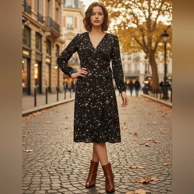 NWOT Madison Elegant Black Colorful Long Sleeve Wrap Dress Belt Size 1X - Image 1 of 4