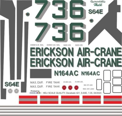 Decal 421 Sikorsky S-64E Skycrane / CH-54A Erickson Air-Crane N164AC Incre. Hulk - Bild 1 von 2
