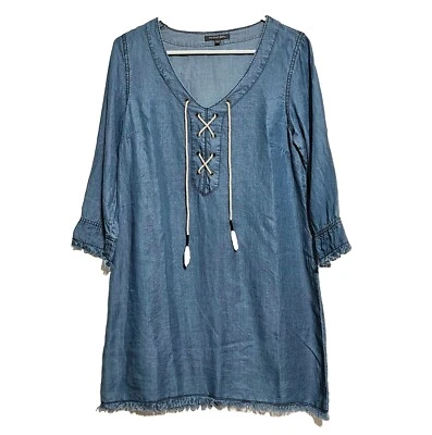 Michael Stars Tunic Dress Sz S Blue Chambray Denim Raw Fringe Hem 3/4 Sleeve - Image 1 of 4