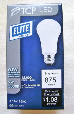 TCP 9W (60W Equal) Non Dimmable LED Light Bulb 5000K A19 Lamp LED9A1950K - Image 1 of 4