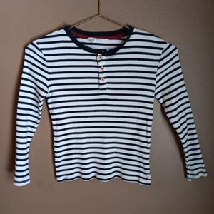 H&M Niños Henley Rayas Manga Larga Camiseta Botones Talla 6X/7 Azul Marino Marfil - Imagen 1 de 6