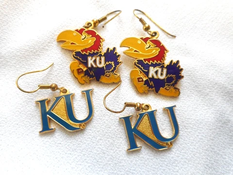 2 Pairs KU Kansas University Jawhawks EARRINGS Fishhook GoldTone College Footbal Cover