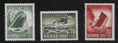 Norway Scott #B35-B37 Wartime Ship Sinking Victims, 1944, B37 Plate Flaw MNH OG Cover
