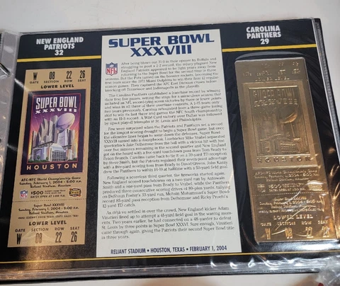 Super Bowl XXXVIII 22kt Gold Ticket Stub New England Patriots Carolina Panthers Cover