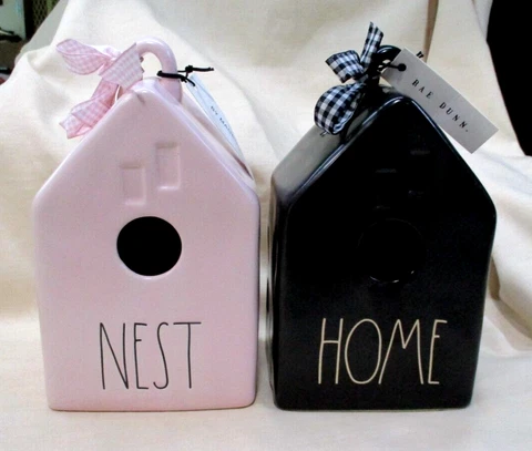 Lot of 2 Rae Dunn Ceramic Birdhouses, Pink Nest, Black Home, New Cover