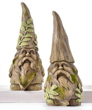 Set of 2 Garden Gnome Design Figurines Wood Carved Design w Textured Detailing
