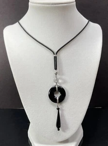 Vintage Art Deco Onyx Rock Crystal 14k White Gold Necklace Sautoir Lavelier - Picture 1 of 12