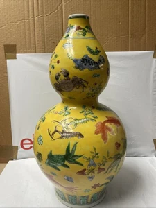 OLD FAMILLE ROSE CHINESE PORCELAIN FISH HANDMADE DOUBLE GOURD VASE 16-5/8” | W96 - Picture 1 of 20