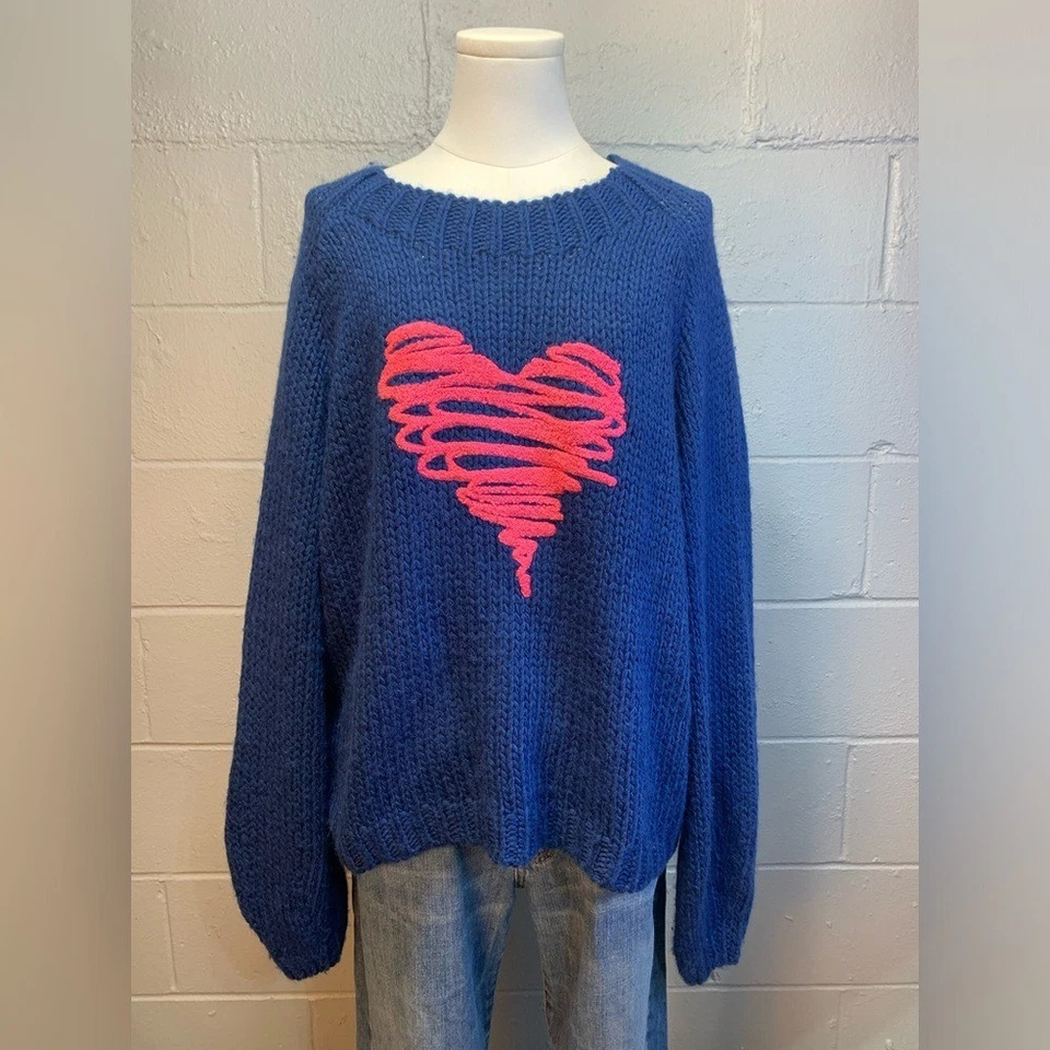 Suéter grueso tejido azul real mezcla lana Elan rosa corazón para mujer talla grande Foto 1 de 4
