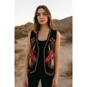 Vintage EREZ LEVY gilet in pelle ricamato paisley floreale boho arte popolare grande - Foto 1 di 10