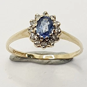 Cute 9ct Sapphire Diamond 0.15ct Cluster Yellow Gold 375 Ring Size M 1/2 - Picture 1 of 24