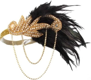 1920s Flapper Headband Roaring Vintage Feather Headpiece Gold Bling...  - Picture 1 of 4