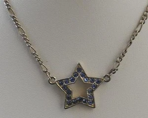 Collana Vintage Tono Argento Ciondolo Stella Strass Blu Circa 14" Catena P2 - Foto 1 di 10