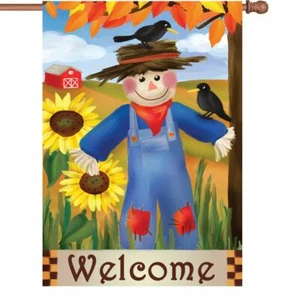 Harvest Scarecrow Welcome Fall House Flag 28x40 Sunflowers and Crows Premier - Picture 1 of 1