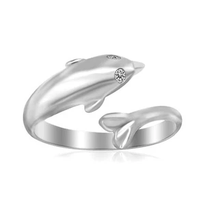 Sterling Silver Rhodium Plated Dolphin Design Polished Open Toe Ring - Picture 1 of 1