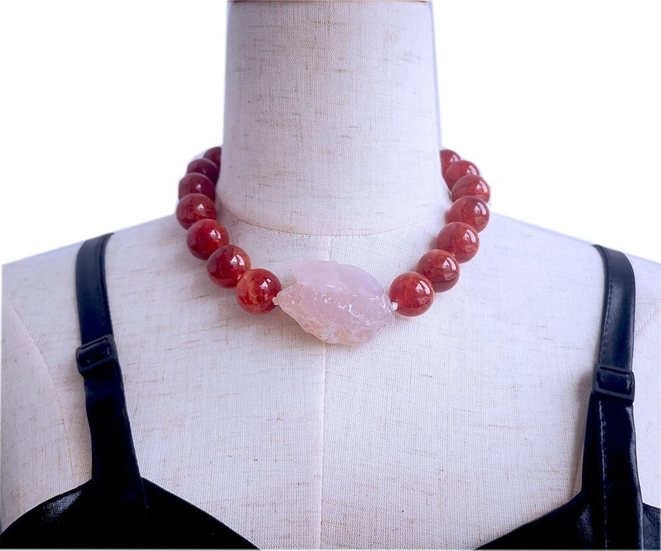 Collar redondo de 18 mm de cornalina ágata barqoue cuarzo rosa declaración solo uno Foto 1 de 4