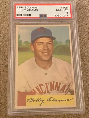 BOBBY ADAMS 1954 BOWMAN #108  PSA 8 NM-MINT CINCINNATI REDS REDLEGS Low Price - Image 1 of 3