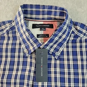 Tommy Hilfiger Shirt Men's Small Petite Regular Fit Blue Plaid Long Sleeve Coton - Picture 1 of 21