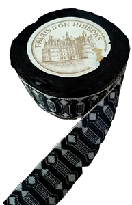 Antique French Ribbon- Palais  D' or Ribbons 10 Yd. Roll ~ Black &Gold Geometric - Picture 1 of 9
