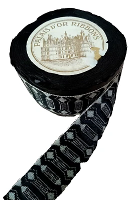 Antique French Ribbon- Palais  D' or Ribbons 10 Yd. Roll ~ Black &Gold Geometric - Image 1 of 4