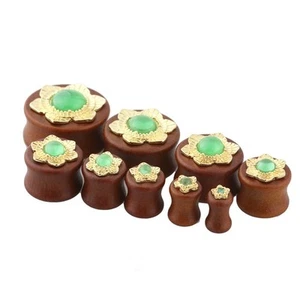 PAIR-Wood w/Golden Jade Flower Saddle Flare Ear Plugs 16mm/5/8" Gauge  - Picture 1 of 4