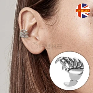 1x Stainless Steel Mens Womens Skeleton Hand Finger Ear Cuff Clip Wrap Earrings - Picture 1 of 9
