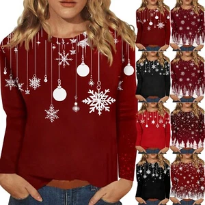 Casual Long Sleeve Christmas Gift Party Womens Blouse Tops T Shirt Xmas Pullover - Picture 1 of 33
