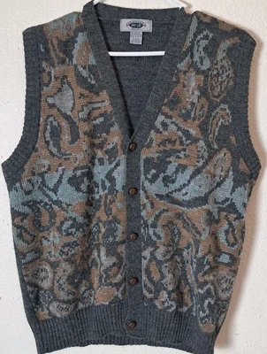 Hemingway Point Knit Button Up Sweater Vest Size L Gray Paisley Leather Buttons  - Image 1 of 4