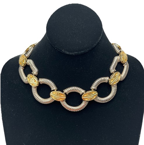 Collana vintage Givenchy logo collo grosso tono argento e oro maglie a costine