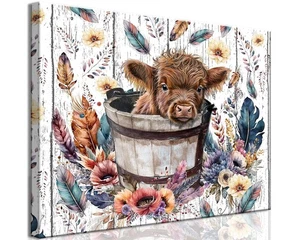 Cute Highland Cow Baby in Bucket Canvas Wall Art Rustic Bathroom Wall decor F... - Picture 1 of 9