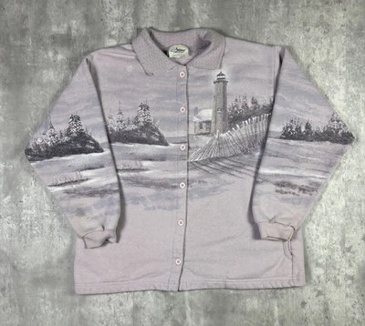 Moletom vintage anos 90 neve paisagem natureza vovó estilo botão para baixo tamanho G - Imagem 1 de 4