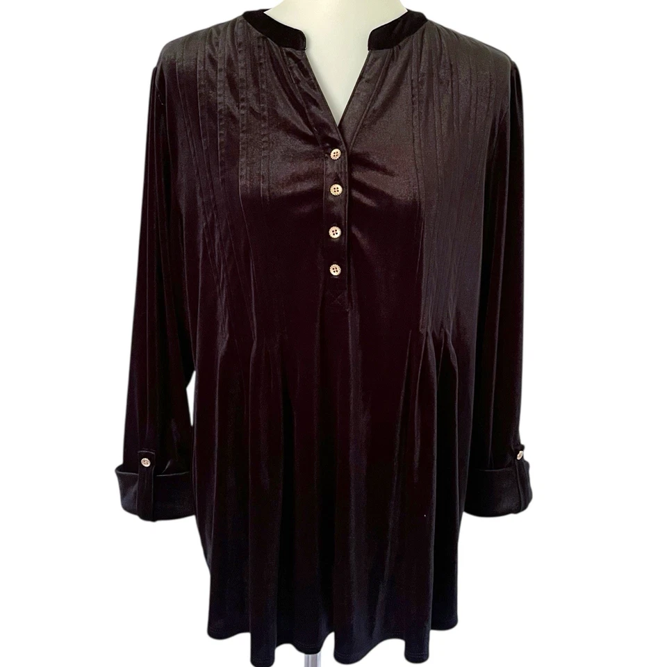 Kim Rogers Velvet Pleated Henley Black Top Blouse Shirt XL 3/4 Roll Tab Sleeve - Image 1 of 4