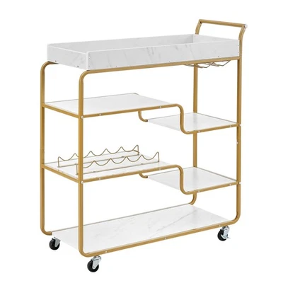6-Tier Gold Bar Cart Mobile Bar Beverage Serving Cart w/ Wine Rack&Glass Holder - Image 1 of 4