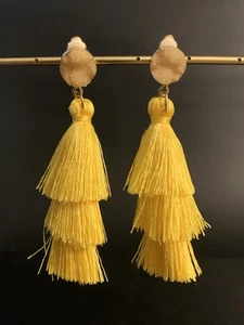 Yellow Round Druzy Layered Tassels Fringe Boho Hawaiian Dangle Drop Earrings  - Picture 1 of 4