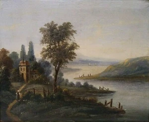 ANTIQUE EUROPEAN RIVERSIDE LANDSCAPE ORIG O/C ROMANTIC ENGLISH LANDSCAPE STYLE  - Picture 1 of 9