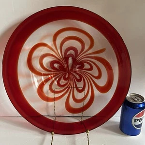 Hand Blown Glass Swirl Orange/Red Platter Bowl 15” - Picture 1 of 18