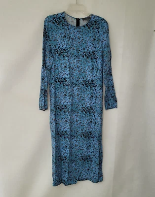 Primark Maxi Dress Womens 10 Long Sleeve Straight Viscose Blue Print Slit *Flaw - Image 1 of 4