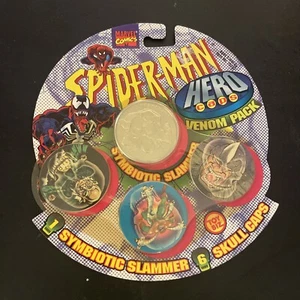 Spider-Man Hero Caps POGS Venom Pack ToyBiz 1995 Sealed In Package Metal Slammer - Picture 1 of 7