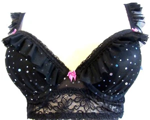 SAKI SILVER BLACK RUFFLE SEQUIN PADDED UNDERWIRE BRA SIZE 34C NEW WITH TAGS - Picture 1 of 6