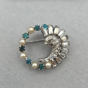 Vintage Charles Reis 1/20 12K GF Blue Rhinestone & Pearl Art Deco Brooch - Picture 1 of 6