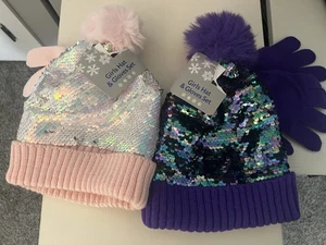 Lot Of 2 Girls Pink And Purple Sparkly Hat And Glove Set - Beautiful - NWT - Picture 1 of 3
