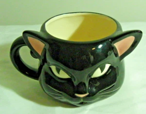Coffee Soup mug Black Cat with Enchanting Yellow Eyes face pink ears 36cms width - Picture 1 of 5